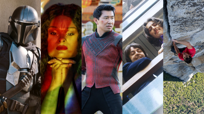 Five images from "The Mandalorian," "Pride," "Shang-Chi," "Get Back," and "Free Solo," side by side. 