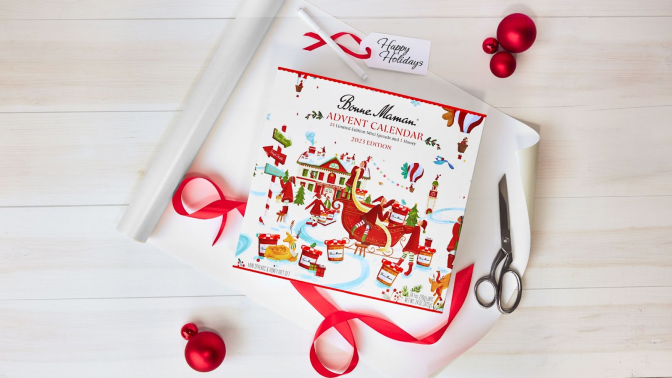 Bonne Maman Jam Advent Calendar 2023 laying on table with wrapping supplies