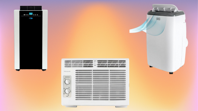 Three AC units on a colorful gradient background.